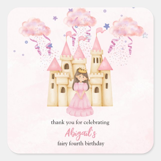 Pegatina Cuadrada Cumpleaños Princesa Castillo Rosa Cuento de Hadas  (Anverso)