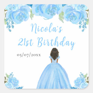 Pegatina Cuadrada Cumpleaños Princesa de Piel Oscura Floral Azul