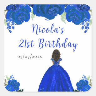 Pegatina Cuadrada Cumpleaños Princesa de Piel Oscura Floral Azul