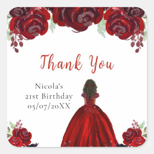 Pegatina Cuadrada Cumpleaños Princesa de Piel Oscura Floral Rojo