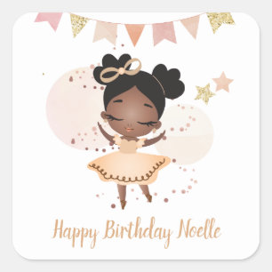 Pegatina Cuadrada Cumpleaños! Princesa Negra Ballerina w/Bow