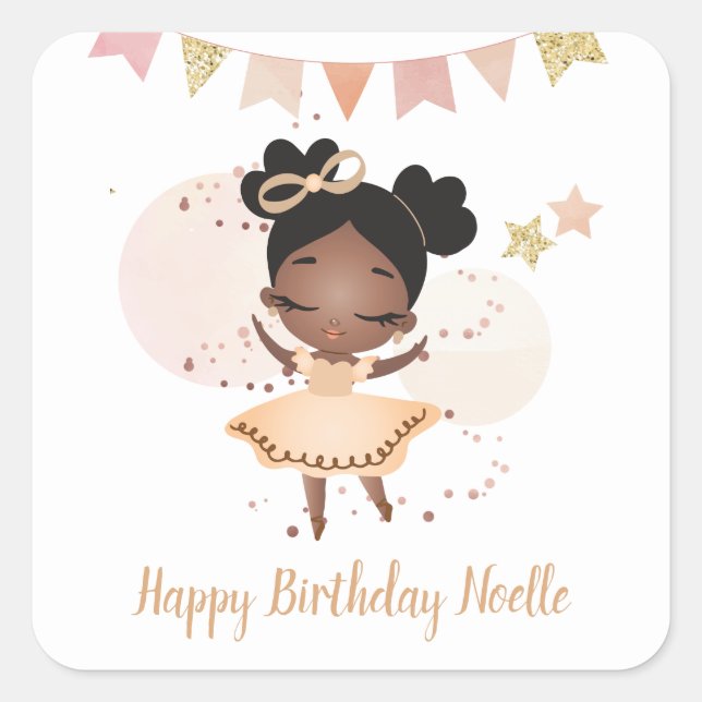 Pegatina Cuadrada Cumpleaños! Princesa Negra Ballerina w/Bow (Anverso)