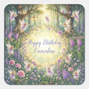 Pegatina Cuadrada Cumpleaños púrpura del jardín floral de hadas