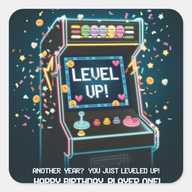 Pegatina Cuadrada Cumpleaños Retro Con Temas De Arcada - "¡Levántate (Anverso)