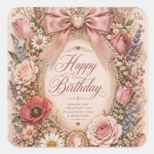 Pegatina Cuadrada Cumpleaños romántico vintage personalizado con laz