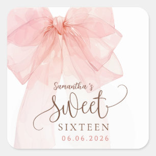 Pegatina Cuadrada Cumpleaños Sweet 16 con lazo rosa