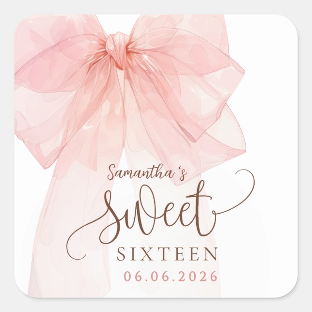 Pegatina Cuadrada Cumpleaños Sweet 16 con lazo rosa (Anverso)