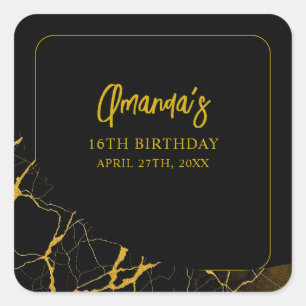 Pegatina Cuadrada Cumpleaños Sweet 16 de Mármol Negro y Dorado Impac