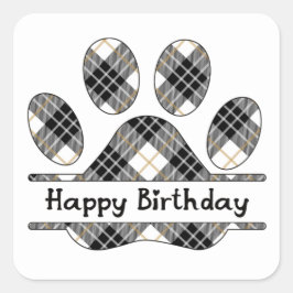 Pegatina Cuadrada Cumpleaños Tartan Plaid Paw Print On White
