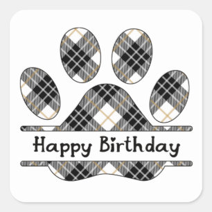 Pegatina Cuadrada Cumpleaños Tartan Plaid Paw Print On White