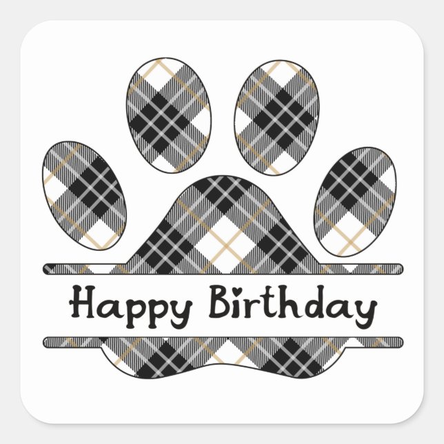 Pegatina Cuadrada Cumpleaños Tartan Plaid Paw Print On White (Anverso)