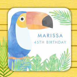 PEGATINA CUADRADA CUMPLEAÑOS TOUCAN DE WATERCOLOR