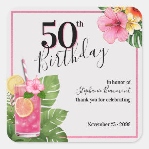 Pegatina Cuadrada Cumpleaños tropical de cóctel de flores para mujer
