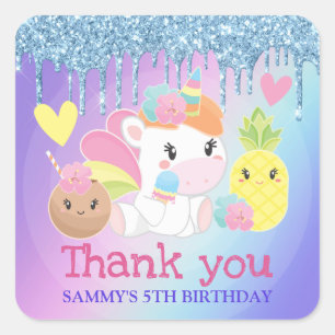 Pegatina Cuadrada Cumpleaños Unicornio de Verano y Brillo Lindo