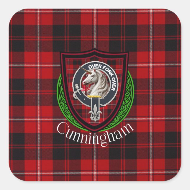 Pegatina Cuadrada Cunningham Scottish Clan Tartan & Crest (Anverso)