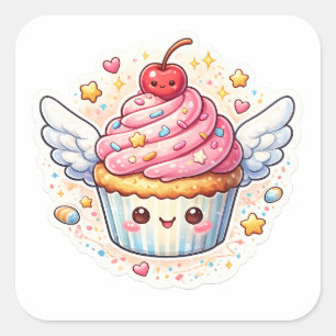 Pegatina Cuadrada Cupcake Alado Caprichoso – Diseño adorable.