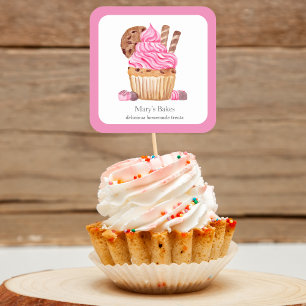 Pegatina Cuadrada Cupcake de acuarela rosa con panadería de chocolat