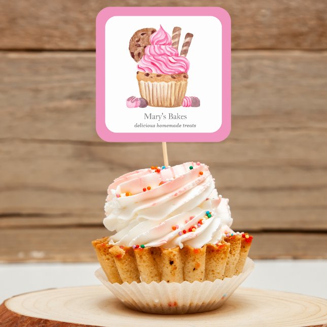 Pegatina Cuadrada Cupcake de acuarela rosa con panadería de chocolat (Subido por el creador)