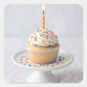 Pegatina Cuadrada Cupcake de cumpleaños con una vela