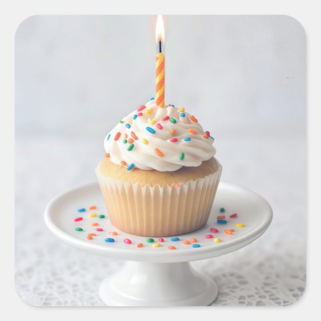 Pegatina Cuadrada Cupcake de cumpleaños con una vela (Anverso)