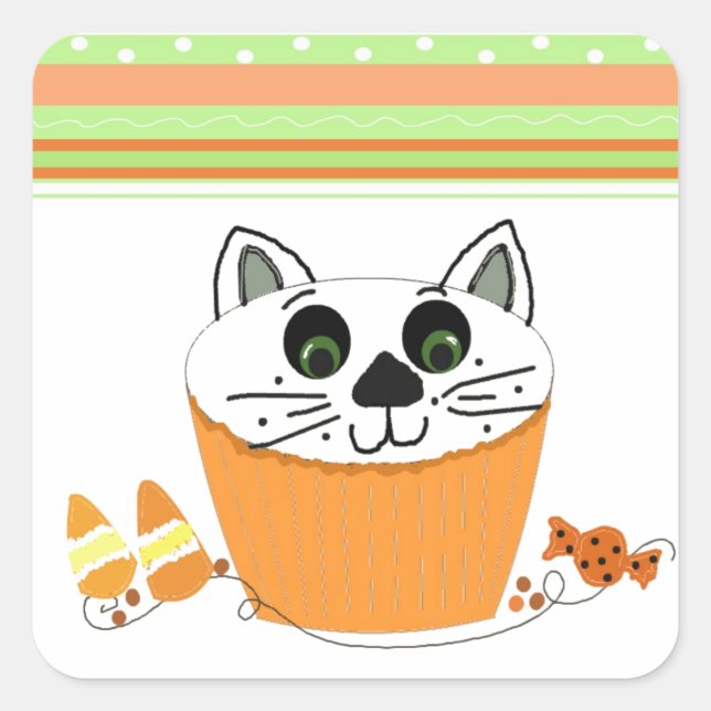 Pegatina Cuadrada Cupcake de gato de Halloween (Anverso)