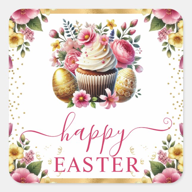 Pegatina Cuadrada Cupcake de Pascua de flores de primavera en acuare (Anverso)