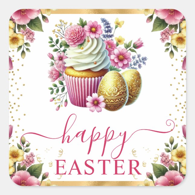 Pegatina Cuadrada Cupcake de Pascua de flores de primavera en acuare (Anverso)