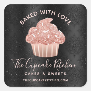 Pegatina Cuadrada Cupcake de Rosa Dorada con Brillo Horneado con Amo