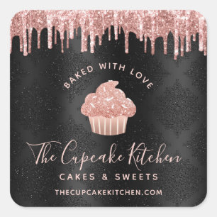 Pegatina Cuadrada Cupcake de Rosa Dorada Horneado con Amor Brillo Ne