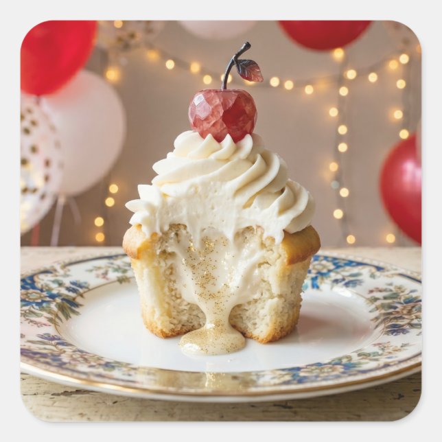 Pegatina Cuadrada Cupcake de Vainilla Caprichoso de Cumpleaños y Glo (Anverso)