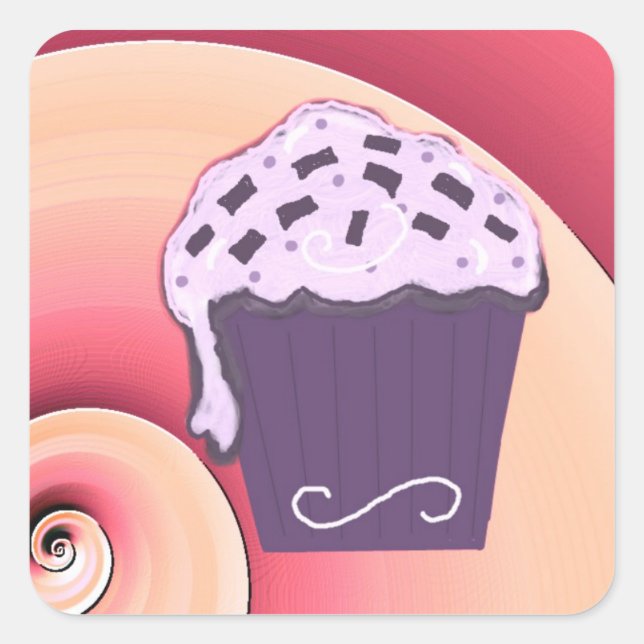 Pegatina Cuadrada Cupcake Morado con Fondo en Espiral (Anverso)