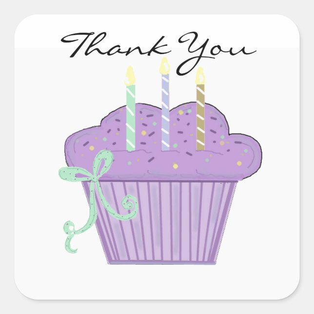 Pegatina Cuadrada Cupcake Morado de Agradecimiento (Anverso)
