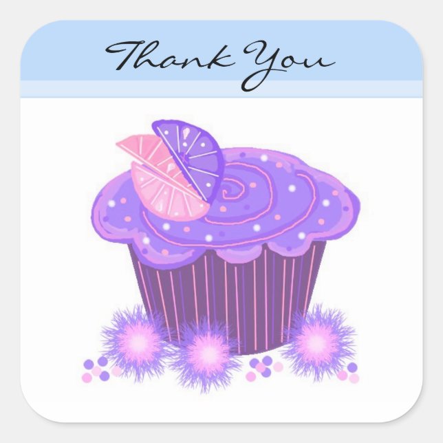 Pegatina Cuadrada Cupcake Morado de Agradecimiento (Anverso)