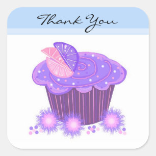 Pegatina Cuadrada Cupcake Morado de Agradecimiento