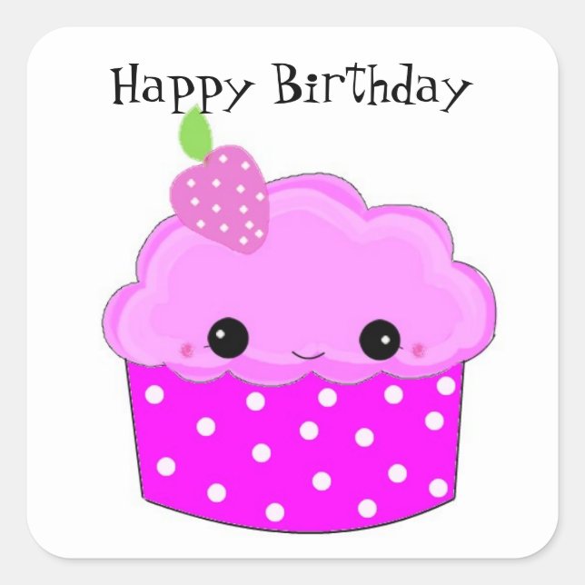 Pegatina Cuadrada Cupcake Morado Feliz Cumpleaños (Anverso)