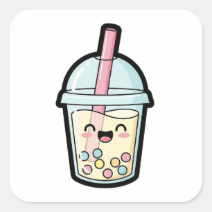 Pegatina Cuadrada Cupcake Sonriente – Ilustración Kawaii Adorable