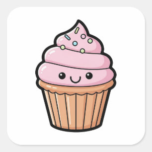 Pegatina Cuadrada Cupcake Sonriente – Ilustración Kawaii Adorable