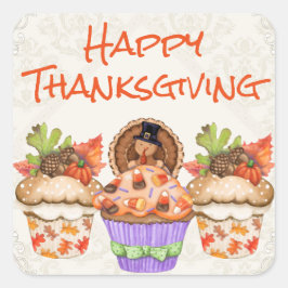 Pegatina Cuadrada Cupcakes Cupcakes de Navidad Felices Acción de Gra