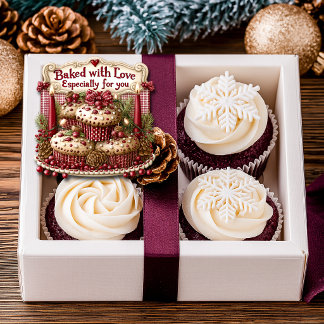 Pegatina Cuadrada Cupcakes Horneados con Amor Velas Rojas Cintas Roj