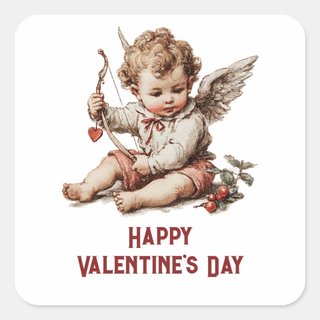 Pegatina Cuadrada Cupido Antiguo con Arco de Corazón (Anverso)