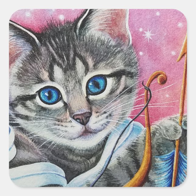 Pegatina Cuadrada Cupido caprichoso Tabby Kitty Cat Watercolor Art (Anverso)