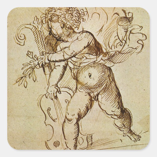 Pegatina Cuadrada Cupido con un violín de Domenico Campagnola (Anverso)