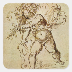 Pegatina Cuadrada Cupido con un violín por Domenico Campagnola