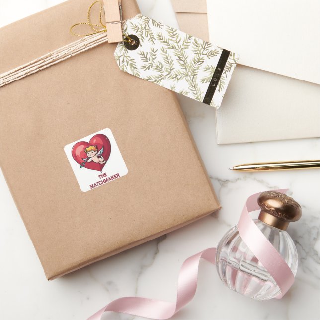 Pegatina Cuadrada Cupido en el corazón rojo (Regalar)