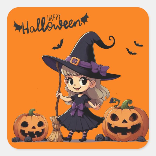 Pegatina Cuadrada Cura, bruja anime Halloween (Anverso)