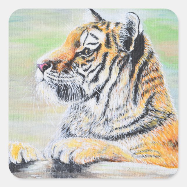 Pegatina Cuadrada Curiosa pintura de tigres (Anverso)