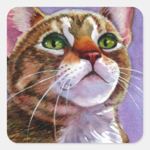 Pegatina Cuadrada Curioso gato tabby en acuarela