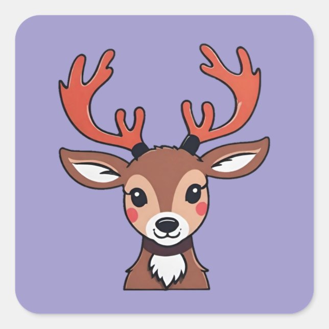 Pegatina Cuadrada Curioso reno con cuernos (Anverso)