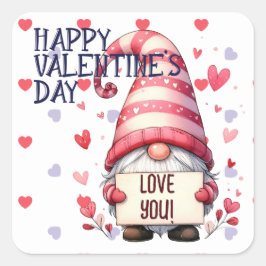 Pegatina Cuadrada Curioso Valentine Gnome con amor Rótulo