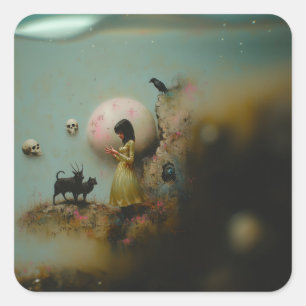 Pegatina Cuadrada Curso de agua Raven Occult Dark Witchy AI Art